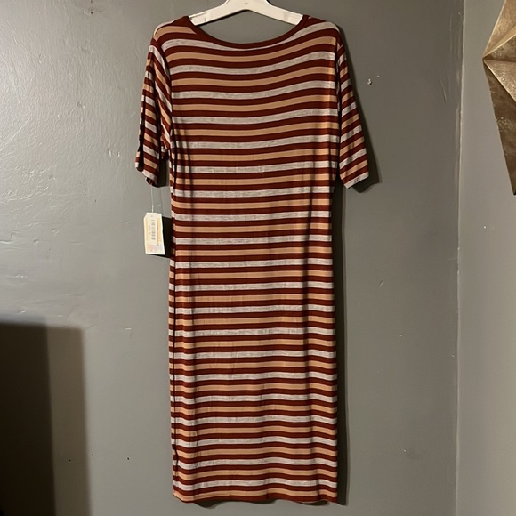 NWT Lularoe Julia dress in burgundy/tan/gray stripe. Size M. - Picture 5 of 6